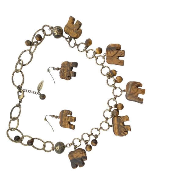 Coldwater Creek Tiger Eye Necklace charm with animals lucky elephants safari - Picture 12 of 15